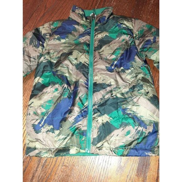 Boys Small Size 6/7 Green Black Brown Fleece Lined Front Zip Puffer Coat - Picture 2 of 5